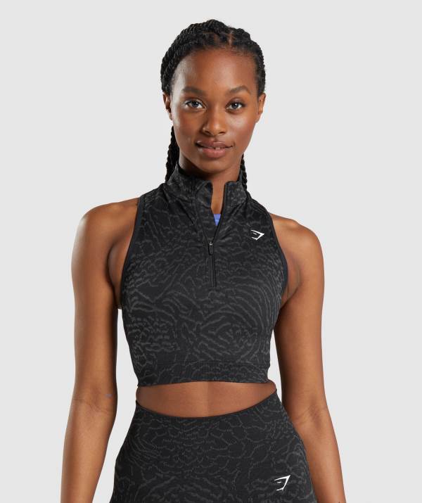 Gymshark Adapt Animal Seamless Crop 1/2 Zip Crop Top Damen Schwarz | 0571YRKLW