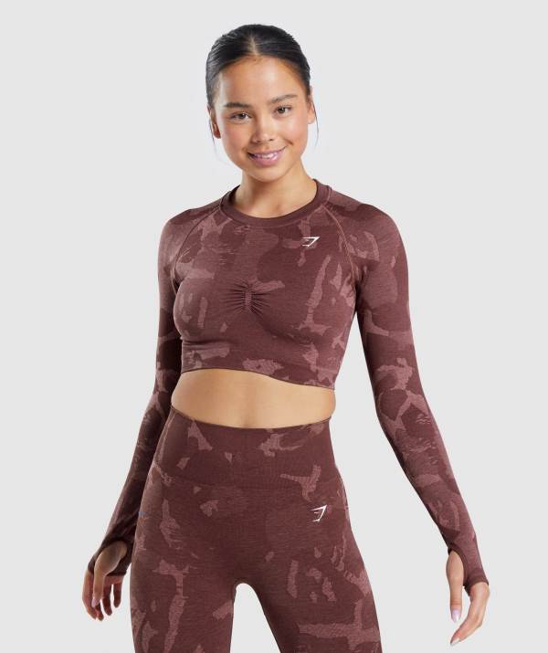 Gymshark Adapt Camo Seamless Long Sleeve Crop Top Damen Rosa Braun | 0549AILQV