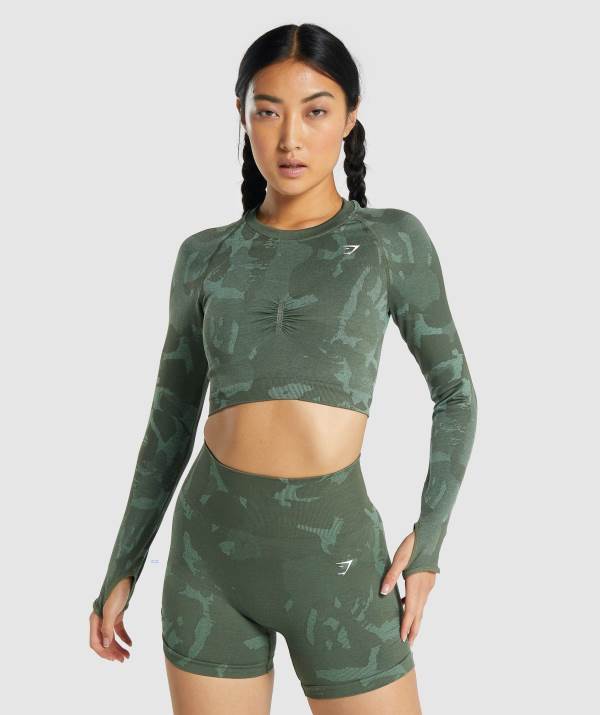 Gymshark Adapt Camo Seamless Long Sleeve Crop Top Damen Grün | 0682JTUAO