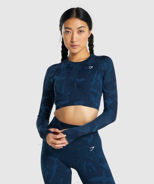 Gymshark Adapt Camo Seamless Long Sleeve Crop Top Damen Navy | 2075RHZWT