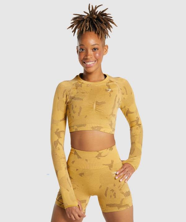 Gymshark Adapt Camo Seamless Long Sleeve Crop Top Damen Gelb | 5862LIAMX