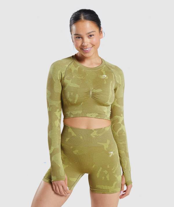Gymshark Adapt Camo Seamless Long Sleeve Crop Top Damen Grün | 8173XJGPD