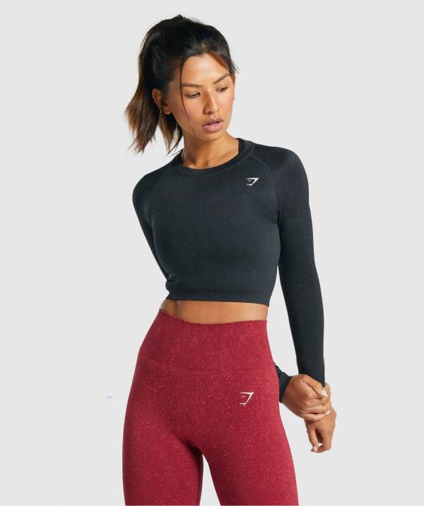 Gymshark Adapt Fleck Seamless Long Sleeve Crop Top Damen Schwarz | 9620EYITQ