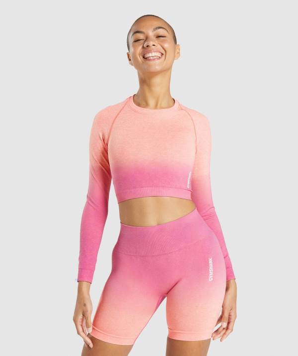 Gymshark Adapt Ombre Seamless Long Sleeve Crop Top Damen Orange Rosa | 0475CEWSL