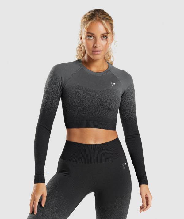 Gymshark Adapt Ombre Seamless Long Sleeve Crop Top Damen Schwarz Grau | 4193TSCIV
