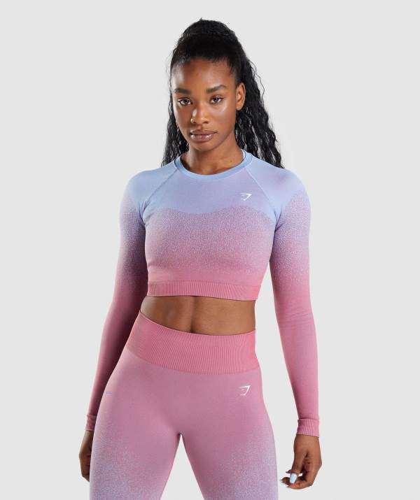 Gymshark Adapt Ombre Seamless Long Sleeve Crop Top Damen Rosa Rosa Hellblau | 4265FDYTS