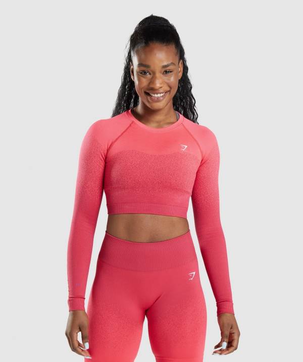 Gymshark Adapt Ombre Seamless Long Sleeve Crop Top Damen Rot Rosa | 6325XMFEV
