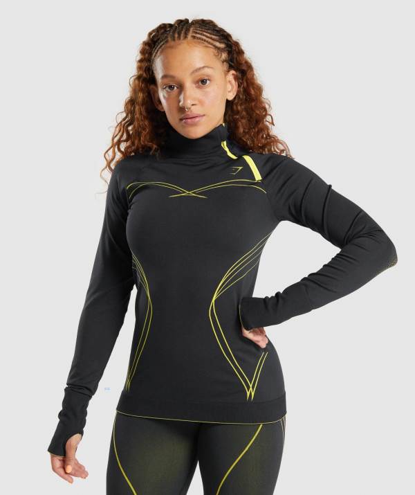 Gymshark Apex Seamless 1/4 Zip Pullover Damen Schwarz Gelb | 0972VAHMP