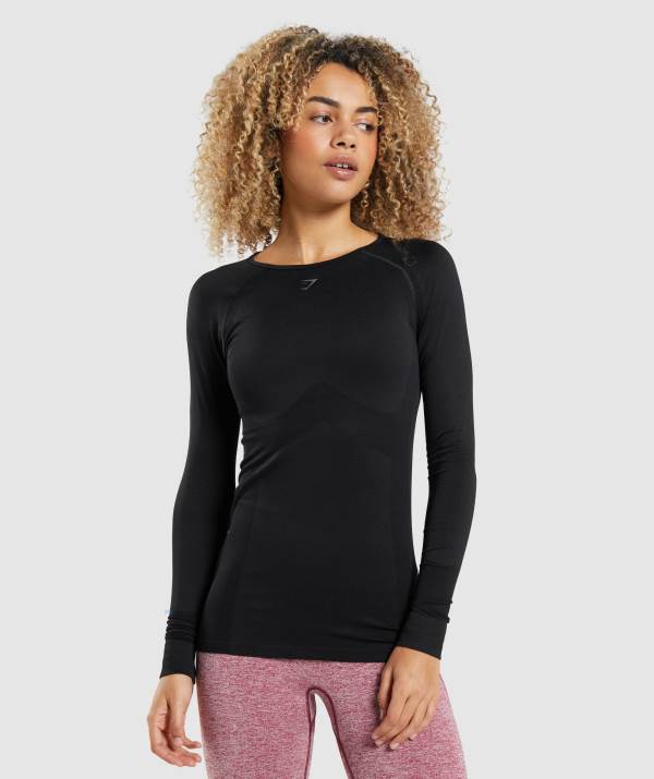 Gymshark Flex Long Sleeve Top Sweatshirt Damen Schwarz | 2018QYJLN