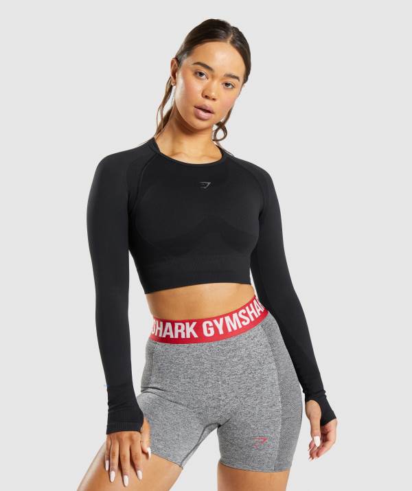Gymshark Flex Sports Long Sleeve Crop Top Damen Schwarz | 9302CSRKD