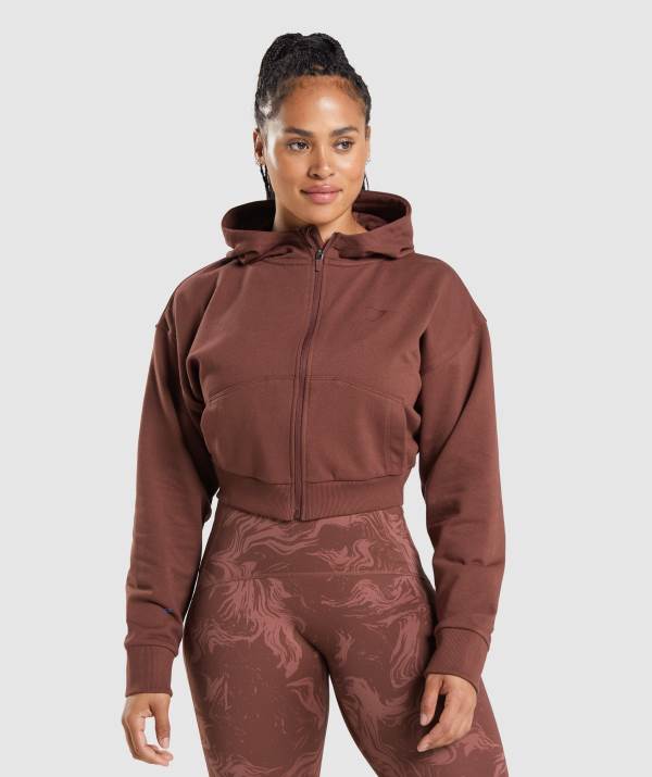 Gymshark GS Power Cropped Zip Hoodie Damen Rosa Braun | 2456DOULT