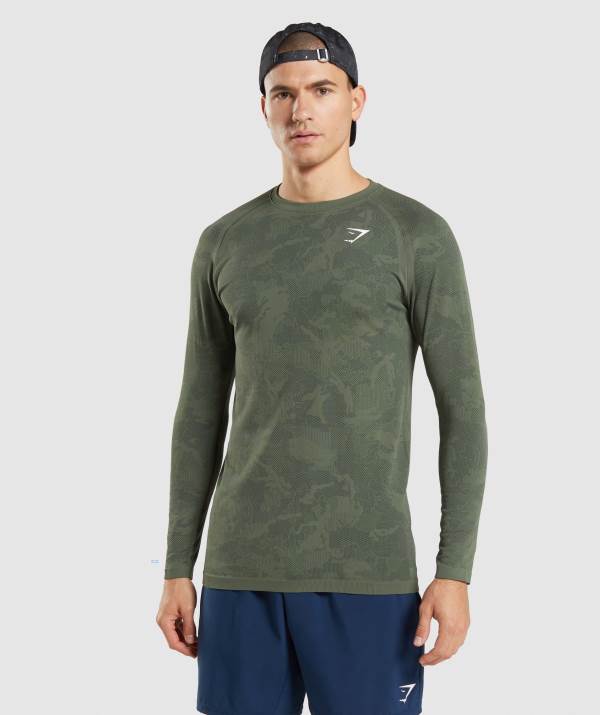 Gymshark Geo Seamless Long Sleeve Sweatshirt Herren Schwarz Olivgrün | 4813RNEDM
