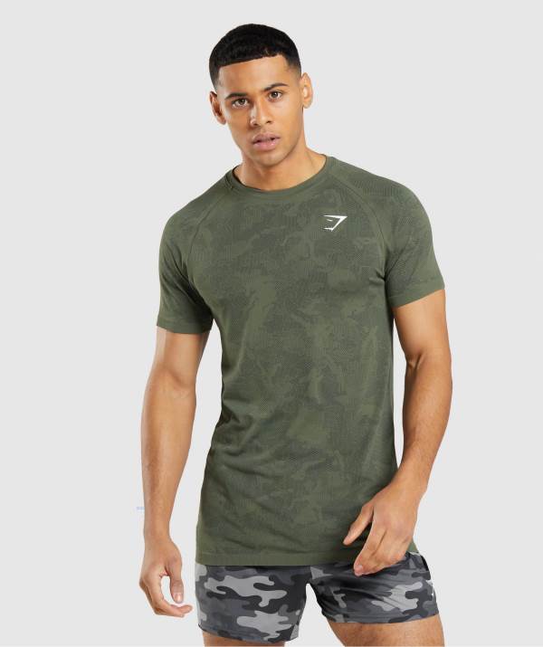 Gymshark Geo Seamless T-Shirt Herren Schwarz Olivgrün | 5716LERCU