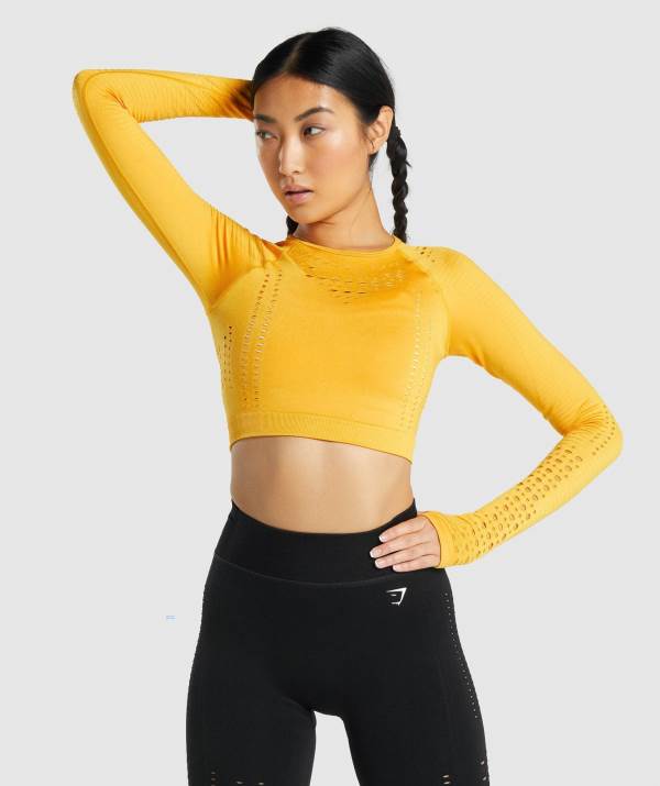 Gymshark Glow Long Sleeve Seamless Crop Top Damen Gelb | 4916PDLHQ
