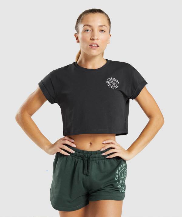 Gymshark Legacy Graphic Crop Tee Crop Top Damen Schwarz | 3795CSXAJ