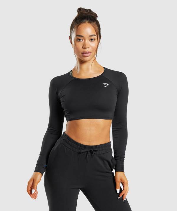 Gymshark Sport Long Sleeve Crop Top Damen Schwarz | 9207LSFMA