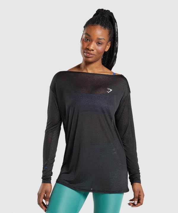 Gymshark Sport Oversized Long Sleeve Tee Sweatshirt Damen Schwarz | 0251OUTXW