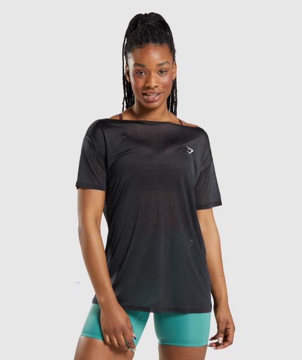 Gymshark Sport Oversized Top T-Shirt Damen Schwarz | 8619YCQDK