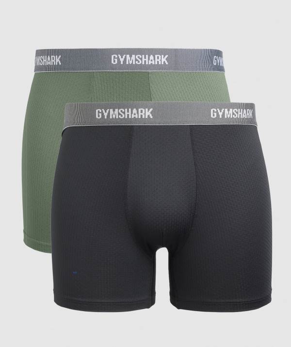 Gymshark Sports Tech Boxers 2pk Unterwäsche Herren Schwarz Olivgrün | 4259NSQJV