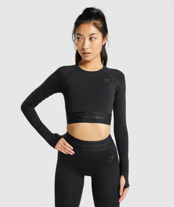 Gymshark Vision Long Sleeve Crop Top Damen Schwarz | 2916LKAVY