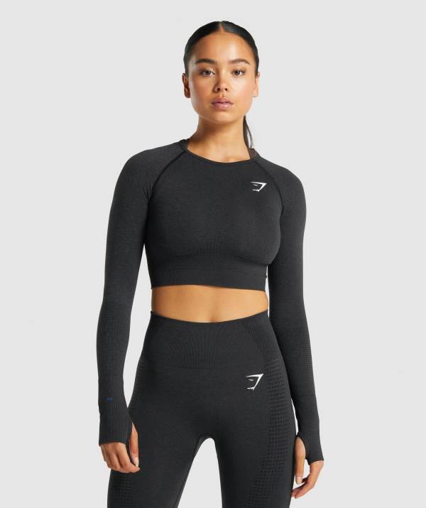 Gymshark Vital Seamless 2.0 Long Sleeve Crop Top Damen Schwarz | 1623VJHWD