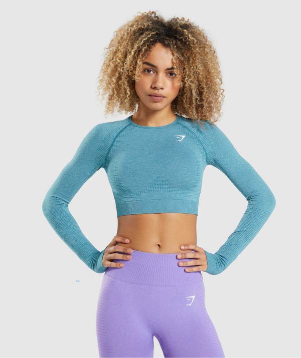 Gymshark Vital Seamless 2.0 Long Sleeve Crop Top Damen Türkis | 9105PWCYB